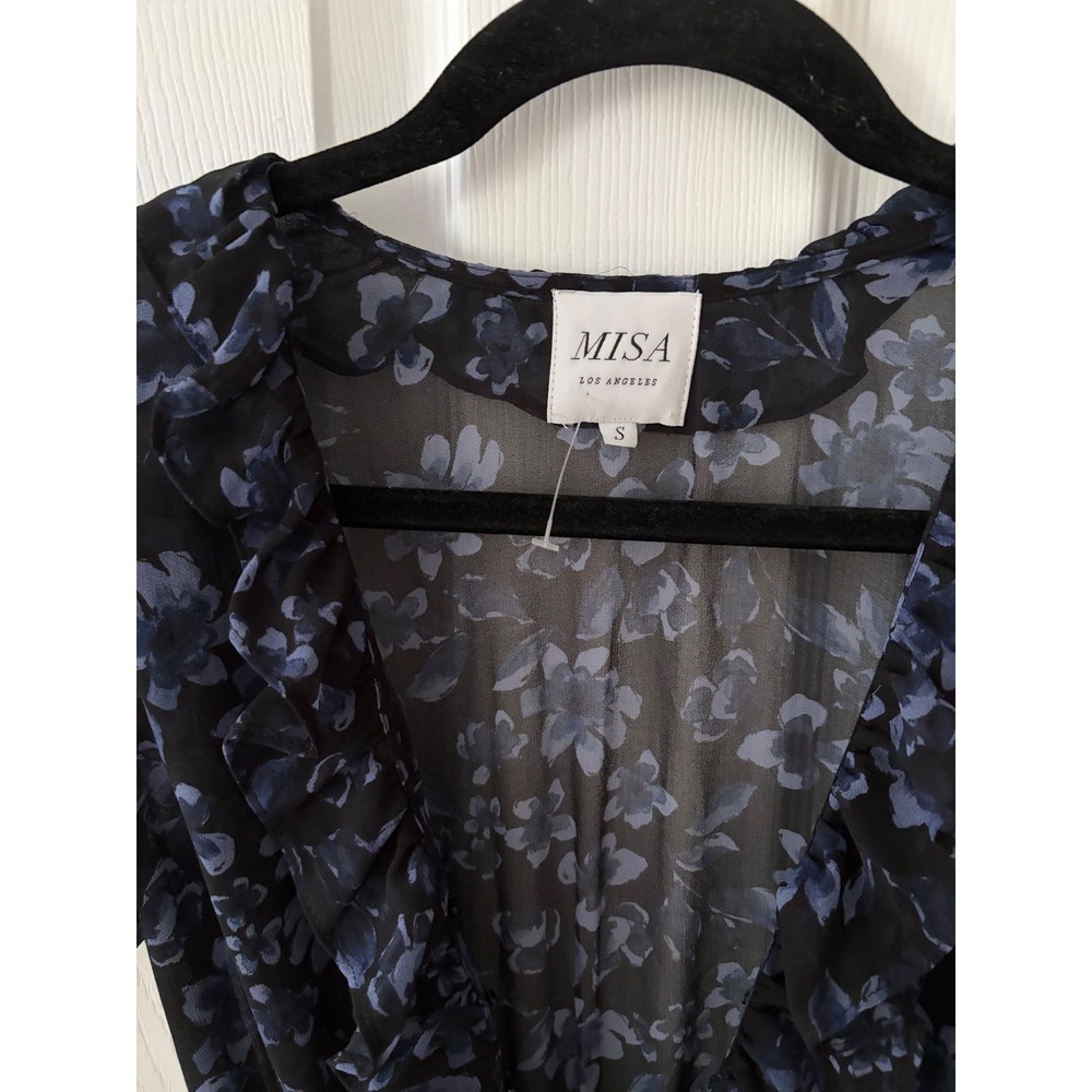 MISA Los Angeles Women Black Blue Floral Ruffle V-Neck Smocked Midi Dress Small - Picture 3 of 3